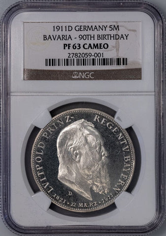 Proof 1911-D German States, Bavaria Silver 5 Marks KM.999 - NGC PF 63 Cameo