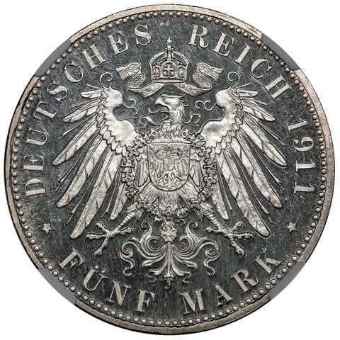 Proof 1911-D German States, Bavaria Silver 5 Marks KM.999 - NGC PF 63 Cameo