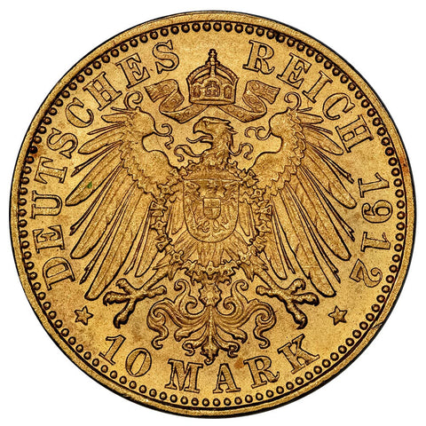 1912-D German States, Bavaria Gold 10 Marks KM. 994 - Choice About Uncirculated