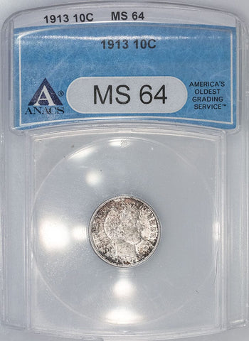 1913 Barber Dime - ANACS MS 64 - Choice Toned Uncirculated