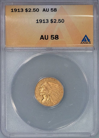 1913 $2.5 Indian Gold Coin - About Uncirculated - ANACS AU 58