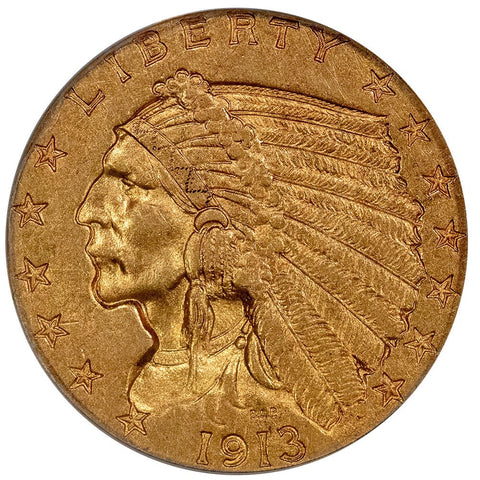 1913 $2.5 Indian Gold Coin - About Uncirculated - ANACS AU 58