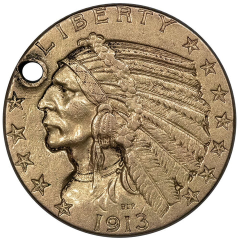 1913 $5 Indian Half Eagle Gold Coin - XF Details (holed)