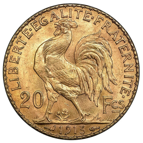 1913 French Gold 20 Franc Rooster KM.857 - About Uncirculated