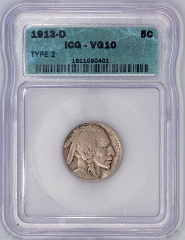 1913-D Type 2 Buffalo Nickel - ICG VG 10 - Very Good+