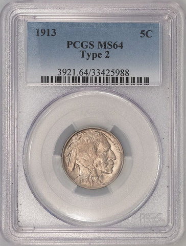 1913 Type 2 Buffalo Nickel - PCGS MS 64 - Choice Brilliant Uncirculated