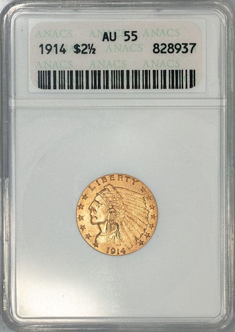 1914 $2.5 Indian Quarter Eagle Gold Coin - ANACS AU 55 Small White Holder