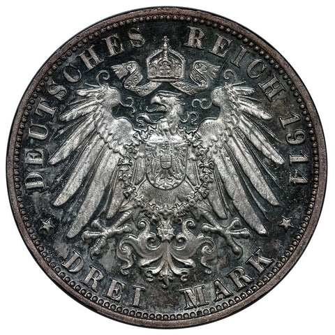 Proof 1914-F German States, Wurttemberg Silver 2 Mark KM.631 - Choice Proof