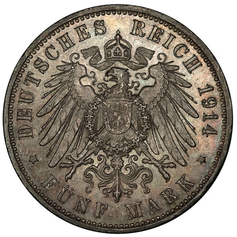 1914-A German States, Prussia Silver 5 Mark KM.536 - About Uncirculated