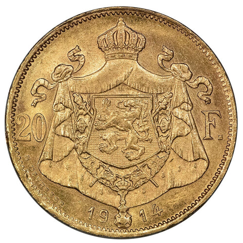 1914 Belgium Albert 20 Francs Gold Coin KM.79 - About Uncirculated