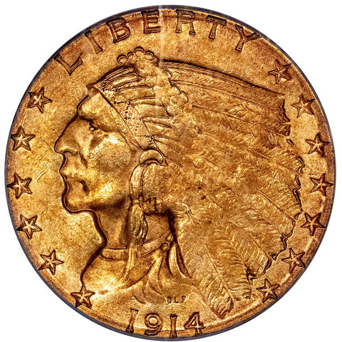 1914-D $2.5 Indian Quarter Eagle Gold Coin - PCGS MS 62