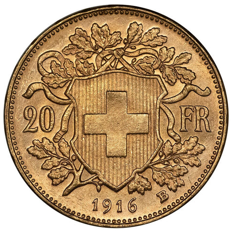 1916-B Swiss Helvetia Gold 20 Francs - Brilliant Uncirculated