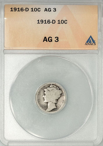 1916-D Mercury Dime - The Key To The Series - ANACS About Good 3