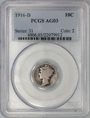1916-D Mercury Dime - The Key To The Series - PCGS AG 3