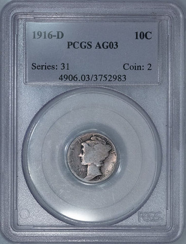 1916-D Mercury Dime - The Key To The Series - PCGS AG 3