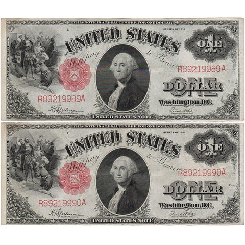 1917 $1 Legal Tender 'Sawhorse' Consecutive Pair Fr. 39 - Extremely Fine