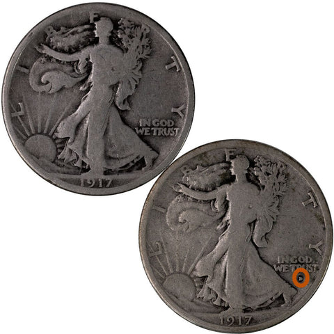 1917-D Obv. and Rev. Mintmark Walking Liberty Half Dollar 2-Coin Set - Very Good Condition (Copy)