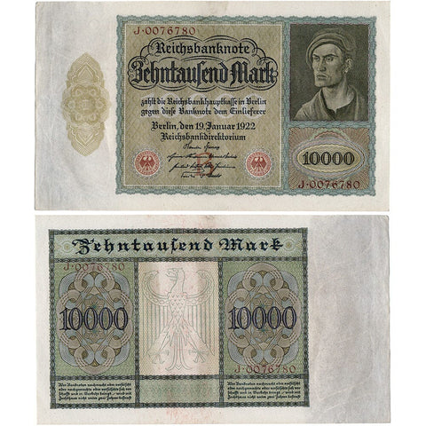 1922 Germany, Weimar 10,000 Reichsbanknote Notes P-71 - Very Fine or Better
