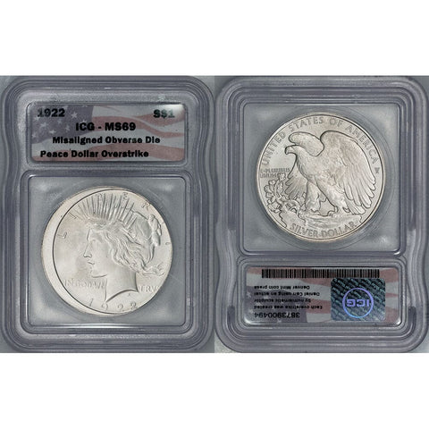 1922-Dated Daniel Carr Misaligned Peace Dollar (Overstruck Peace Dollar) - ICG MS 69