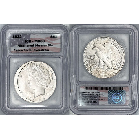 1922-Dated Daniel Carr Misaligned Peace Dollar (Overstruck Peace Dollar) - ICG MS 69