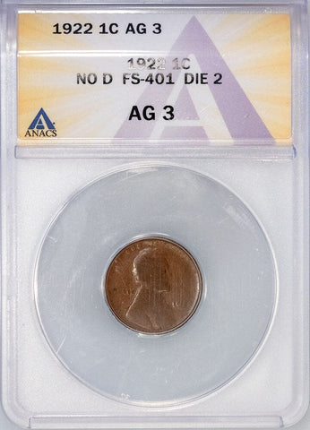 1922 No D Strong Reverse Lincoln Wheat Cent FS-401 - ANACS AG 3
