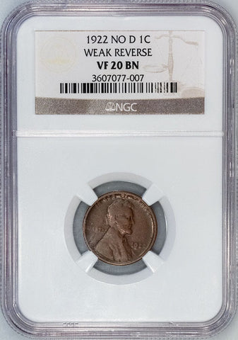1922 No D Weak Reverse Lincoln Wheat Cent - NGC VF 20 BN