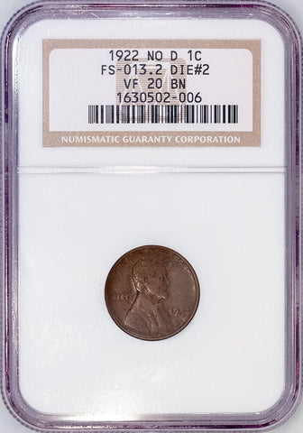1922 No D Strong Reverse Lincoln Wheat Cent FS-401 - NGC VF 20 BN
