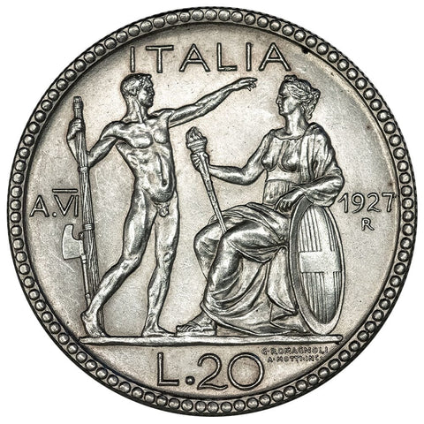 1927-R Year 6 Italy Silver 20 Lire KM. 69 - Uncirculated Details