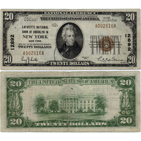 1929 T.1 $20 Lafayette National Bank of Brooklyn, NY Charter 12892 - Very Fine
