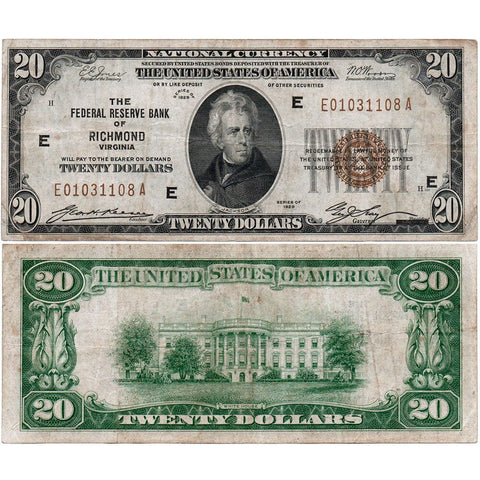 1929 $20 Richmond Federal Reserve Bank Note Fr. 1870-E - Very Fine