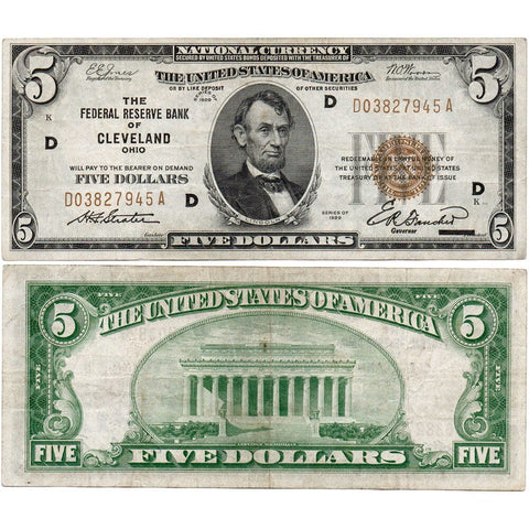 1929 $5 Cleveland Federal Reserve Bank Note Fr.1850-D - Very Fine