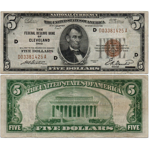 1929 $5 Cleveland Federal Reserve Bank Note Fr. 1850-D - Very Fine