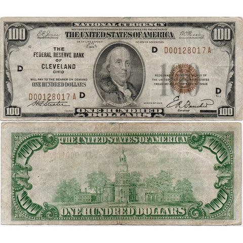 1929 $100 Federal Reserve National Bank Note, Cleveland Fr. 1890-D - Very Fine