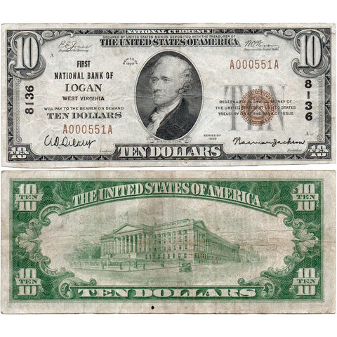 1929 T.1 $10 First National Bank of Logan, WV Charter 8136 - Very Fine