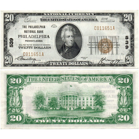 1929 Type-1 $20 National Bank of Philadelphia, PA Charter 539 - Choice Very Fine+