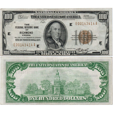 1929 $100 Richmond Federal Reserve Bank Note Fr.1890-E - Choice Very Fine