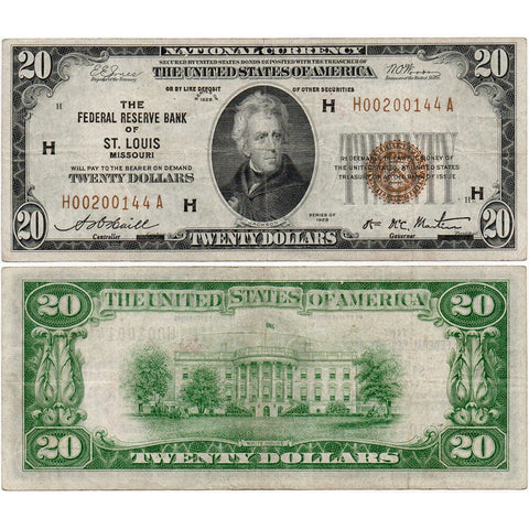 1929 $20 Federal Reserve National Bank Note, St. Louis Fr. 1870-H - Very Fine