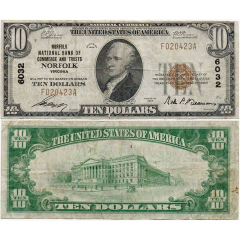 1929 T1 $10 National Bank of Commerce & Trust of Norfolk, VA Charter 6032 - Very Fine