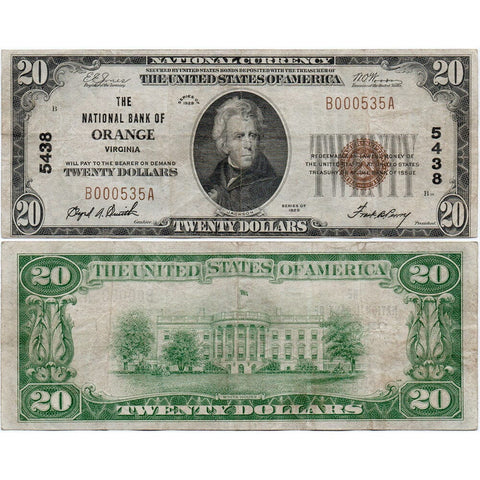 1929 T.1 $20 National Bank of Orange, VA Charter 5438 - Very Fine