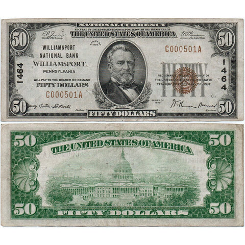 1929 TY.1 $50 Williamsport National Bank, Pennsylvania Ch. 1464 - Very Fine