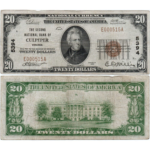 1929 T.1 $20 Second National Bank of Culpeper, VA Charter 5394 - Fine+