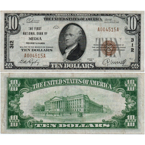 1929 T.1 $10 First National Bank of Media, PA Charter 312 - Very Fine