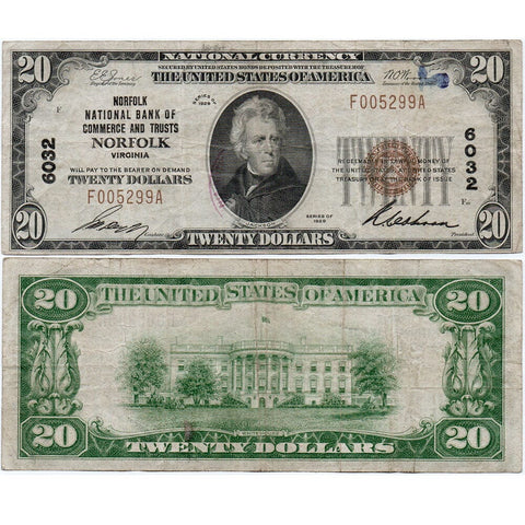 1929 T.1 $20 National Bank of Commerce & Trust of Norfolk, VA Charter 6032 - Net Fine