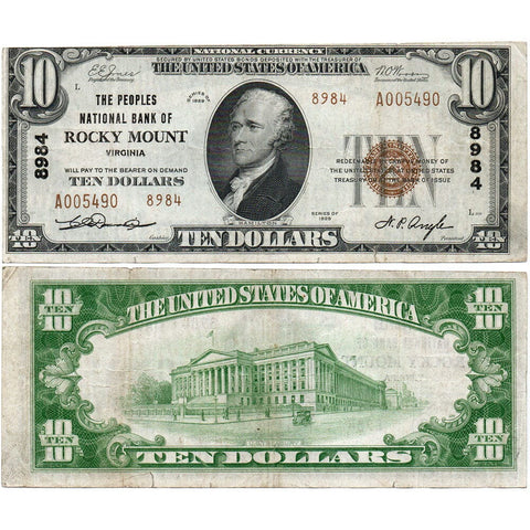 1929 T.2 $10 Peoples National Bank of Rocky Mount, VA Charter 8984 - Very Fine