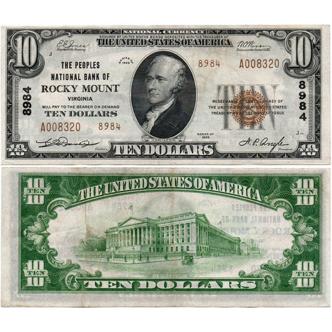 1929 T.2 $10 Peoples National Bank of Rocky Mount, VA Charter 8984 - Very Fine