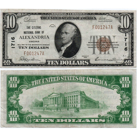 1929 T.1 Citizens National Bank of Alexandria, VA Charter 1716 - Very Fine