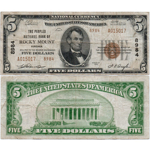 1929 T.2 $5 Peoples National Bank of Rocky Mount, VA Charter 8984 - Fine+