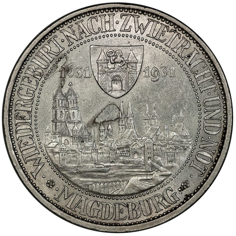 1931-A Germany, Weimar Republic Silver 3 Reichsmarks KM.72 - AU Details (cleaned)