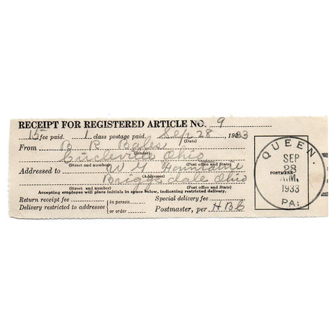 1933 Queen PA Fancy Cancel Registered Cover - L&W 954 Dr Foust Signed + P.O. Receipt