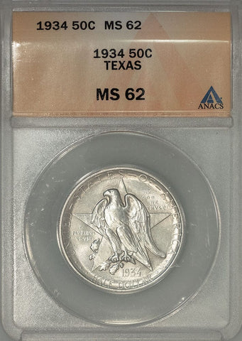 1934 Texas Independence Silver Commemorative Half Dollar - ANACS MS 62